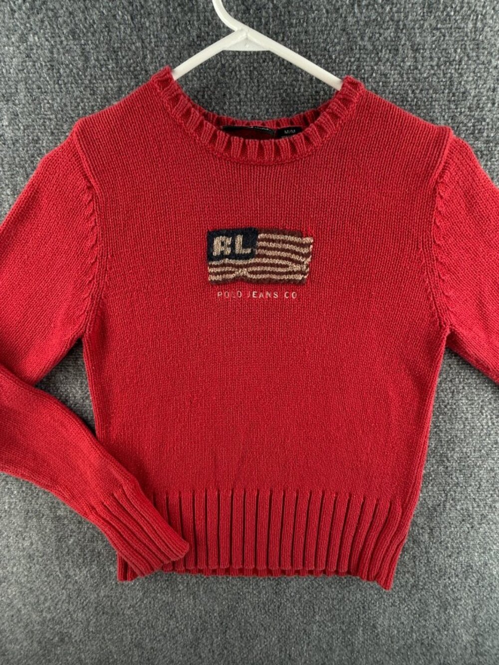 Ralph Lauren Polo Jeans Women Flag Sweater Medium Red Long Sleeve Knit Cotton
